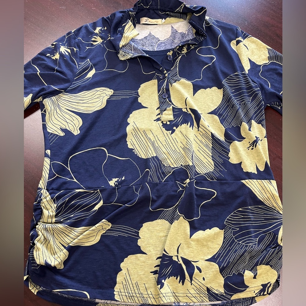 L Fashion Navy and Gold Floral Shirt
